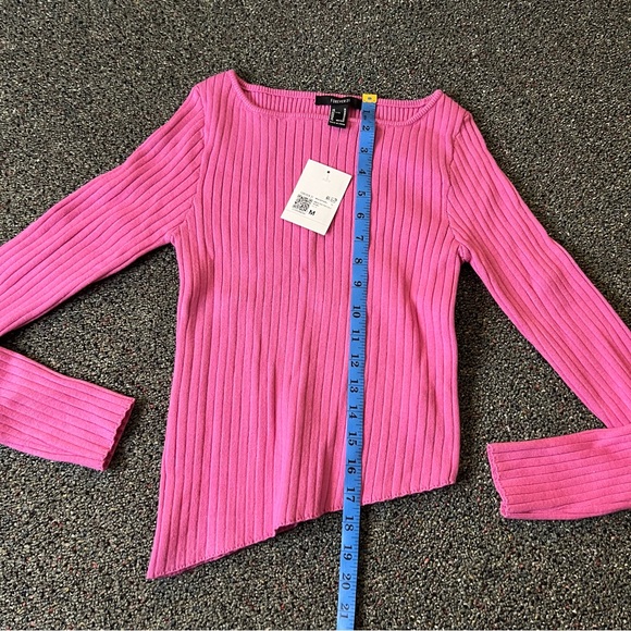 FOREVER21 NWT Bright Pink Square Neck Asymmetrical Ribbed Knit Sweater Shirt M - Picture 15 of 16